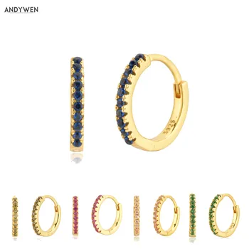 

ANDYWEN 925 Sterling Silver Gold Blue Zircon Crystal Hoops Huggies Women luxury Luxury Loops Circle Round Rock Punk Jewelry