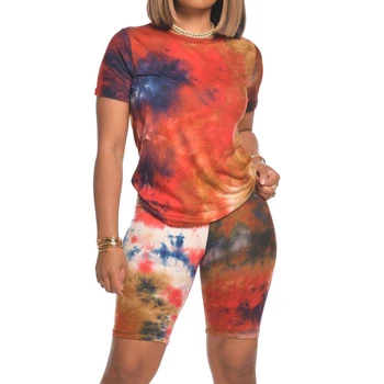 

Summer 2020 Women Short Tracksuits Tie-dyed Shirt High Waist Shorts Fitness Jogger Suit Ladies Two-piece Set Casual Sweat Suits