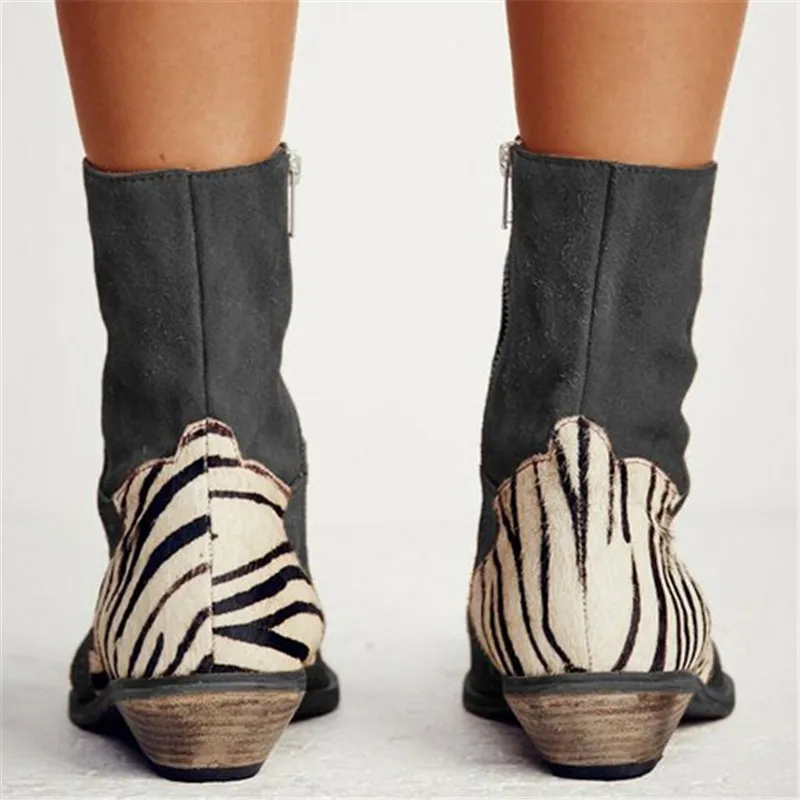 Boots Women Zebra Pattern Ankle Boots Winter Flock Square Heel Pointed Toe Botas Mujer Female Zebra Zip Sexy Ankle