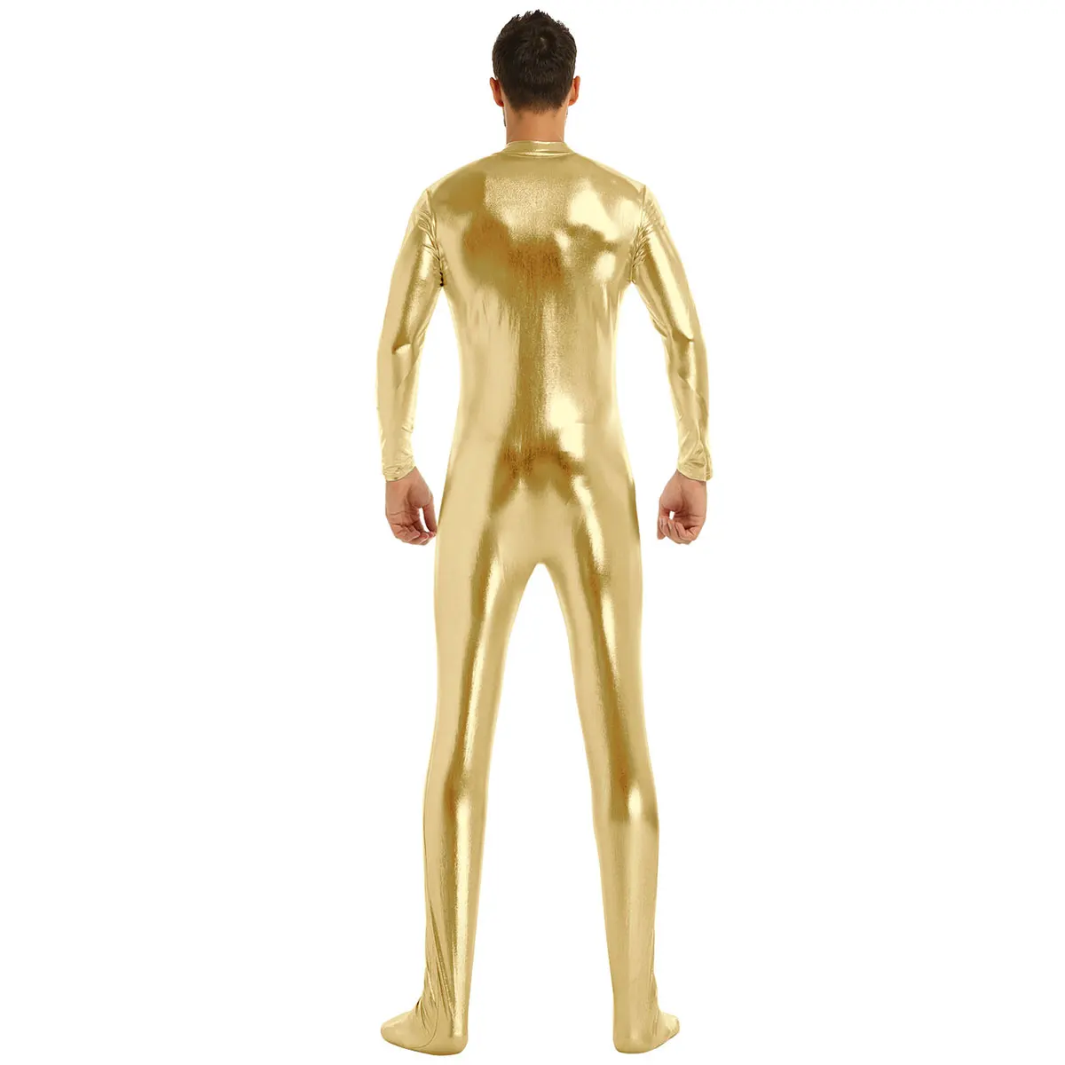 Mens One-piece Nightculb Leotard Shiny Metallic Round Neck Long Sleeves Closed Toe Stretchy Full Body Leotard Bodysuit Clubwear