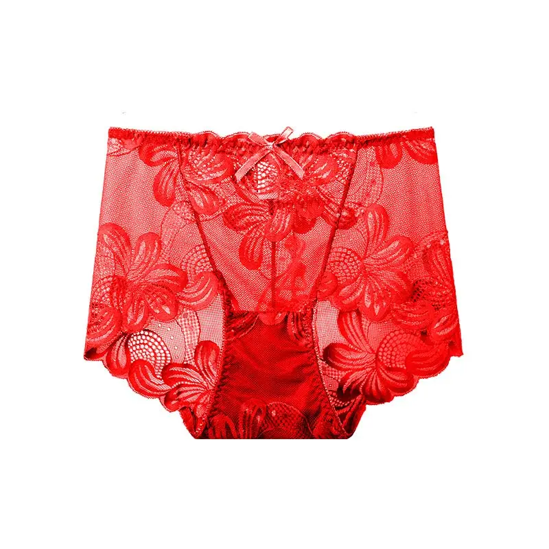 Женское нижнее белье с высокой талией, сексуальные кружевные трусики с цветочной вышивкой, прозрачные бесшовные трусы, мягкое дамское нижнее белье - Цвет: Red
