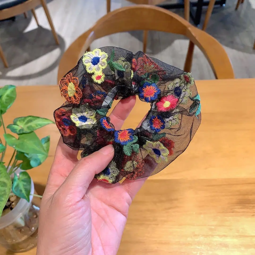 Super grande kawaii scrunchies de cabelo para mulheres meninas verão vocação flor corda de cabelo boho bordado malha scrunches