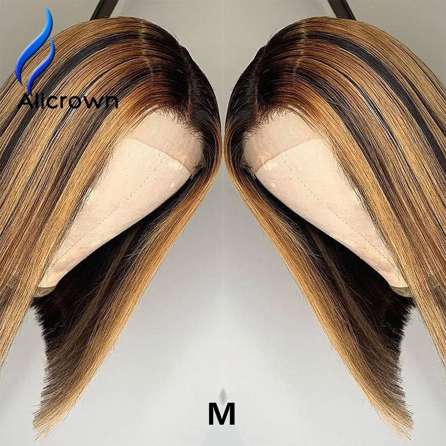 ALICROWN Ombre 13*6 Short Bob Lace Front Human Hair Wigs Bleached Knots Brazilian Middle Ratio Non-Remy Lace Wigs 130% Density