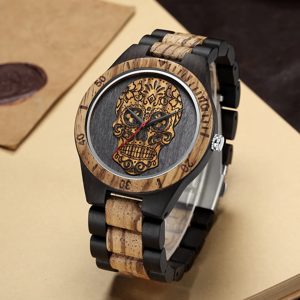 Men's Watches Wristwatch Creative 3D Skull Quartz Wood Watch Quartz Wrist Watch Halloween Clock Gifts Relogio Masculino