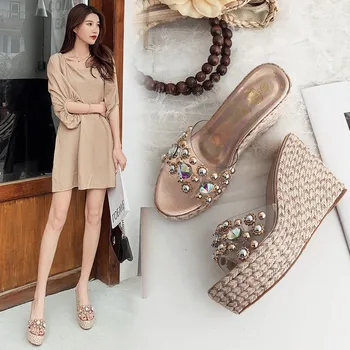 

Shoes Ladies' Slippers Glitter Slides On A Wedge Platform Women Heels Summer Jelly High Rubber Rome Crystal Wedges PU Scandals