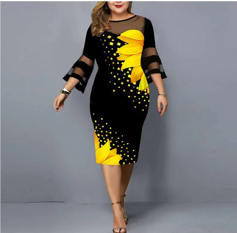 

Vintage Floral Printed Women Dress 2022 Spring Elegant Ladies Mesh Patchwork Party Dresses Casual Female Vestidos Plus Size 5XL