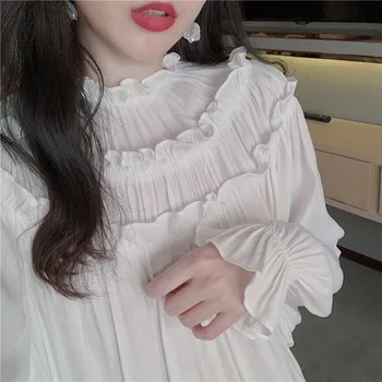 

Stand Ruffled Collar Spring 2020 Chiffon Blouse Korean Fashion Loose Style Streetwear Flare Long Sleeve White Shirts Black Tops