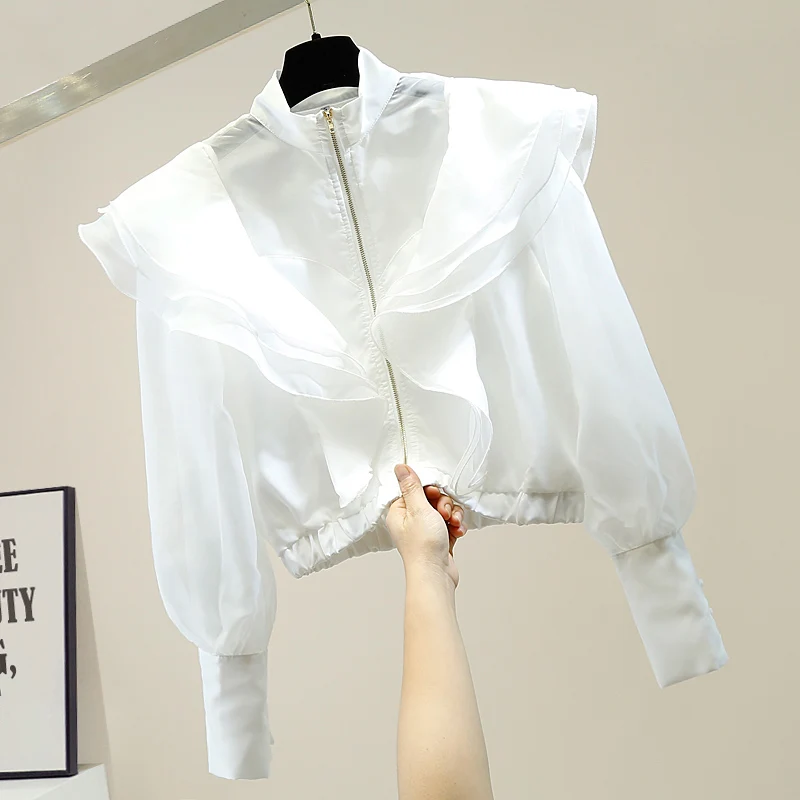 

Blusas Mujer De Moda 2020 Retro Palace Style Three-dimensional Lotus Leaf Stitching Zipper Stand Collar Organza Shirt Blouse Top