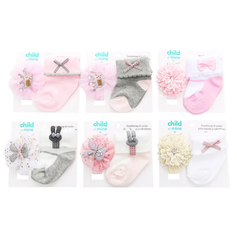 Kid's Socks For Newborns Baby Girl Socks Hair Band Set Cotton Bebe Toddler Socks+ Bow Headband Lace Infant Birthday Gift 0-12M