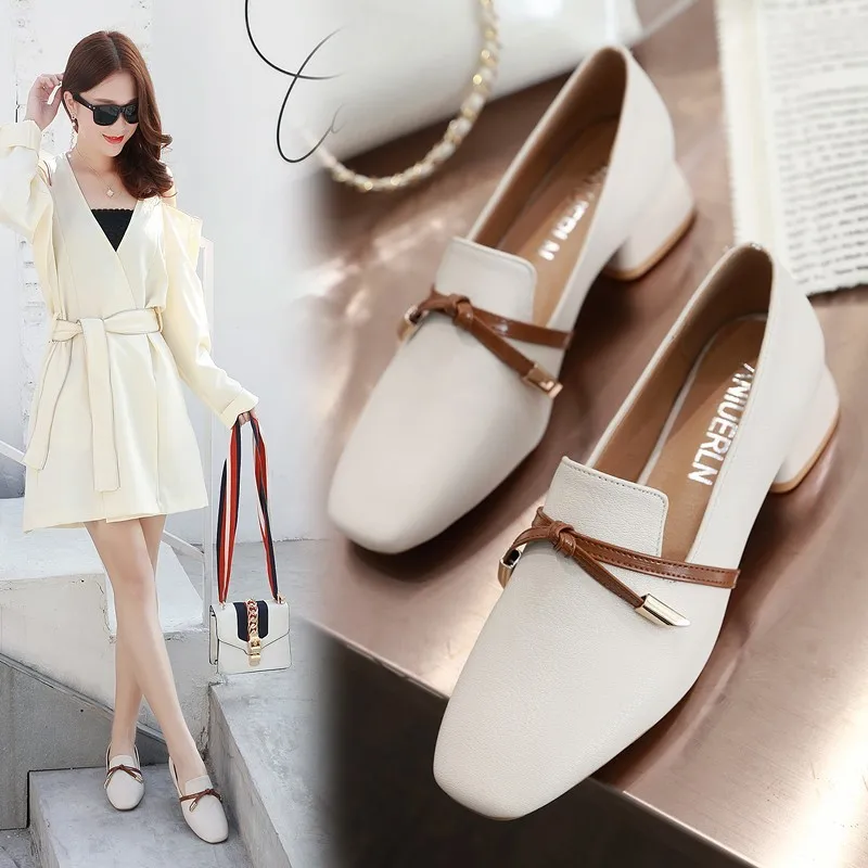 

2020 Spring Chunky-Heel Square Head Shoes Women's Mixed Colors Bow Retro Low Top Shoe Semi-high Heeled Versatile WOMEN'S Shoes