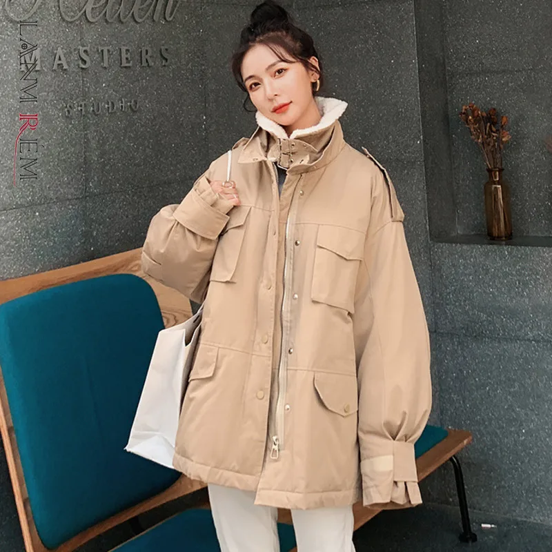 LANMREM 2021 Women New Winter Turtleneck Solid Color Ladies Short Loose Long Sleeve Big Pocket Fashion Cotton Parker Coat 2J219 | Женская