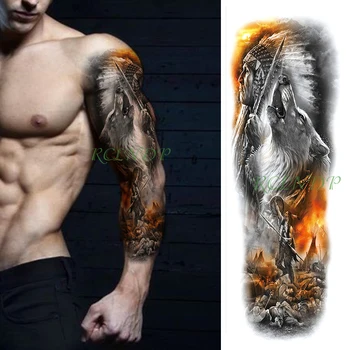 

Waterproof Temporary Tattoo Sticker Indian worrior war fire roaing wolf forest full arm fake tatto flash tatoo for men women