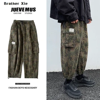 

Autumn New Tooling Pants Men Fashion Leaf Printing Casual Multi-pocket Overalls Man Streetwear Hip-hop Military Travel Trousers