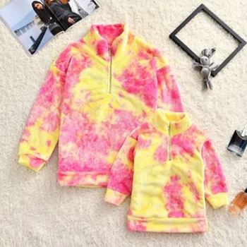 

Fashion Mother Daughter Tie-dye Print Sweatshirts Autumn Winter Long Sleeve Warm Fleece Pullovers Family Matching Clothes