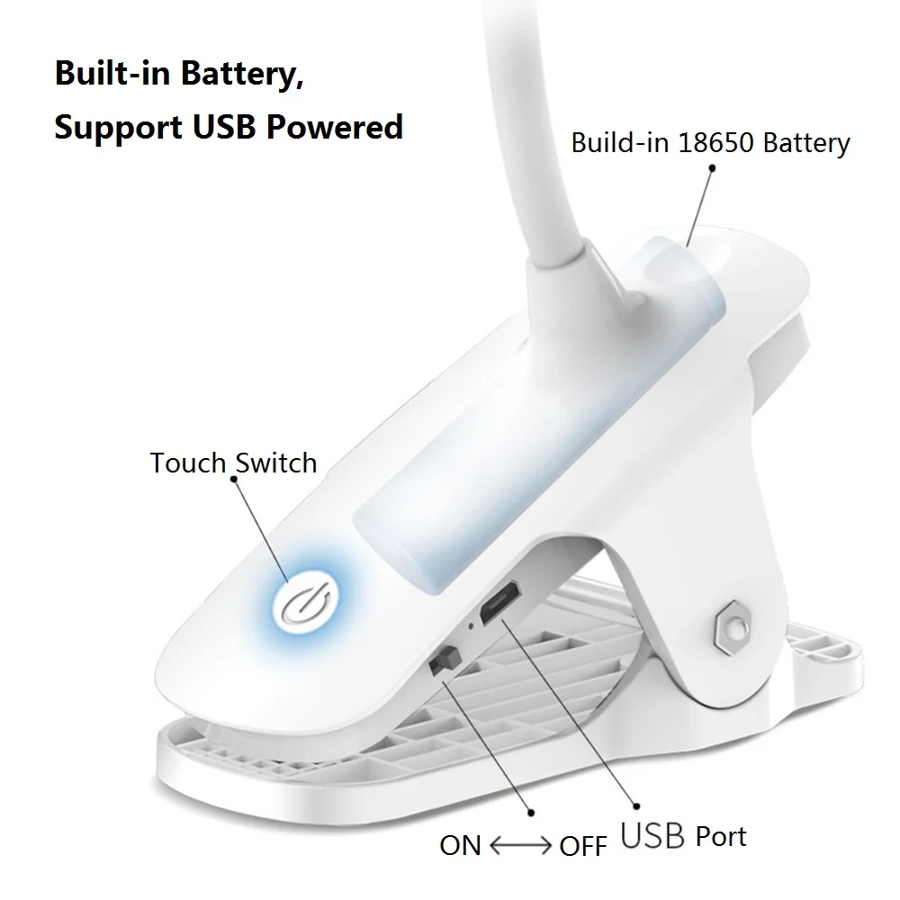 Finether USB перезаряжаемая Светодиодная настольная с зажимом лампа, Регулируемая на 360 °, 3 режима, светильник с сенсорным управлением, настольные лампы для чтения дома