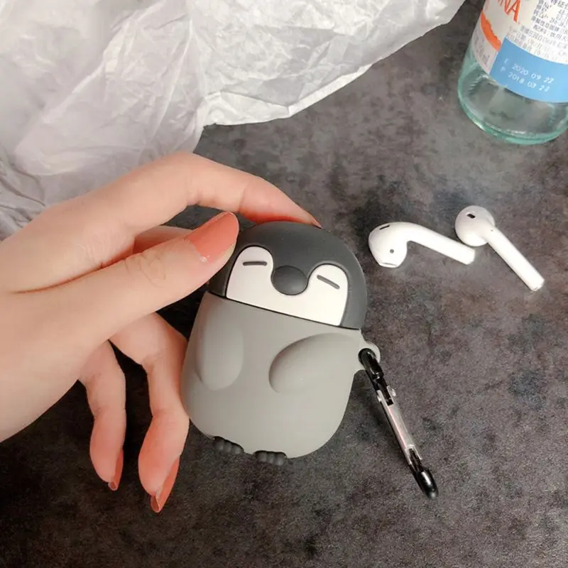 Милый Пингвин Стиль Защитный чехол силиконовый чехол с карабином для Airpods 1/2
