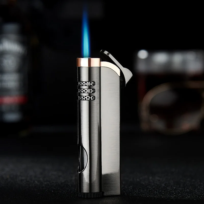 Видимый бутан газовая Зажигалка Ветрозащитная металлическая зажигалка прямое синее пламя 1300C факел турбо зажигалка аксессуары для сигарет - Цвет: Черный