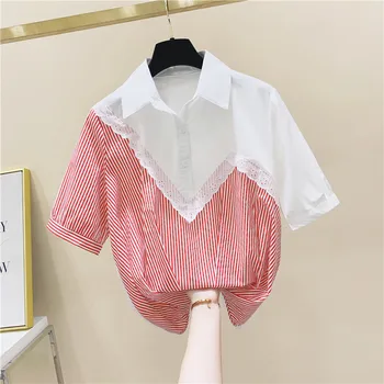 

Striped Lace Contrast Short Sleeve Shirt Ladies Blouse 2020 Summer New Loose Short Shirt Female Top Ropa Mujer Blusas Femme Tops
