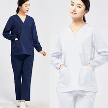 Mulheres esfrega conjunto de algodão uniformes médicos manga longa esfrega superior v pescoço uniformes de enfermagem médico workwear calças médicas tamanho plug