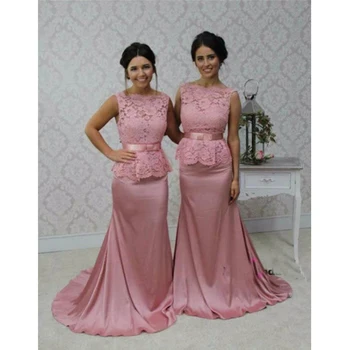 

Silver Mermaid Bridesmaid Dresses Bateau Sleeveless Floor Length Lace and Satin Long Sashes Maid of Honor vestido de festa longo