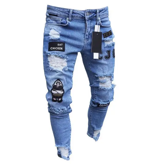 Men Stretchy Ripped Skinny Biker Embroidery Cartoon Print Jeans Destroyed Hole Slim Fit Denim High Quality Hip Hop Black Jeans Blue