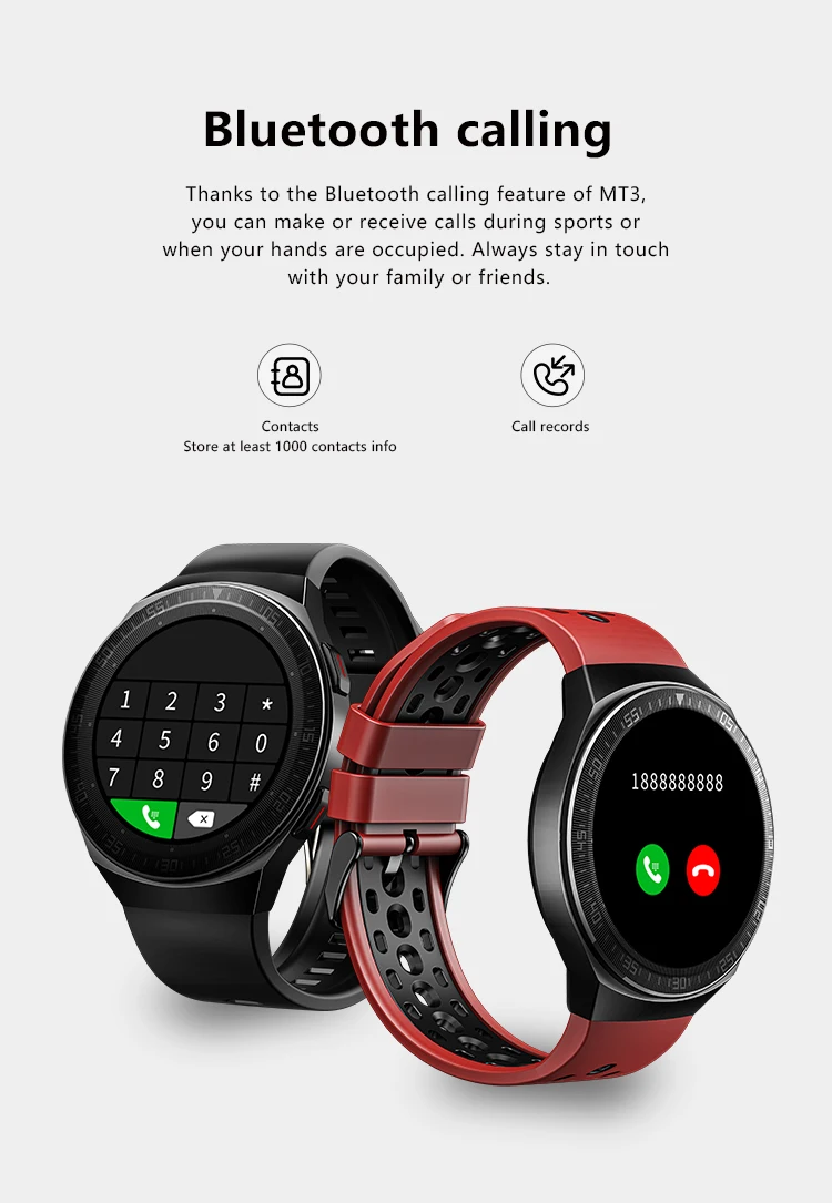 MT3 Smart Watch Men 8G Memory Music Bluetooth Call Smartwatch Full Touch Screen Recording Bracelet For IOS Android