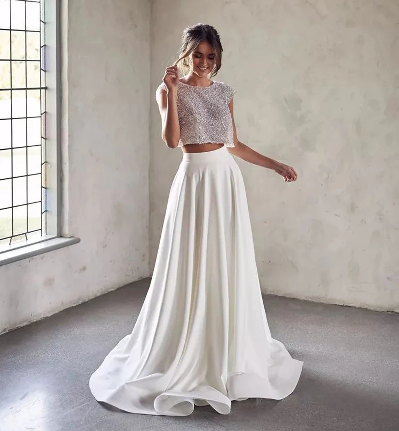 Vestidos de novia de encaje sin mangas dos piezas con cuello Joya l&iacute;nea A longitud hasta el suelo