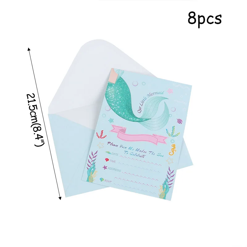  8pcs Little Mermaid Party Invitation Cards Invited Envelopes Baby Shower Gift Girl Birthday Party D - 4.00058E+12