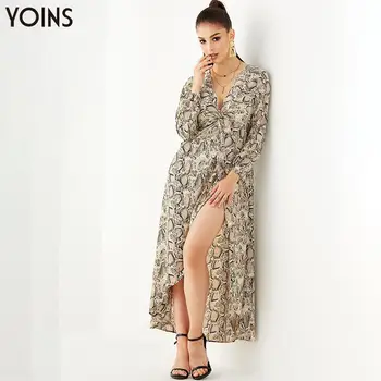 

YOINS 2020 Spring Autumn Winter Dress Wome Random Snakes Print n Twist Front Split Hem V Neck Elastic Sleeve Maxi Length Regular