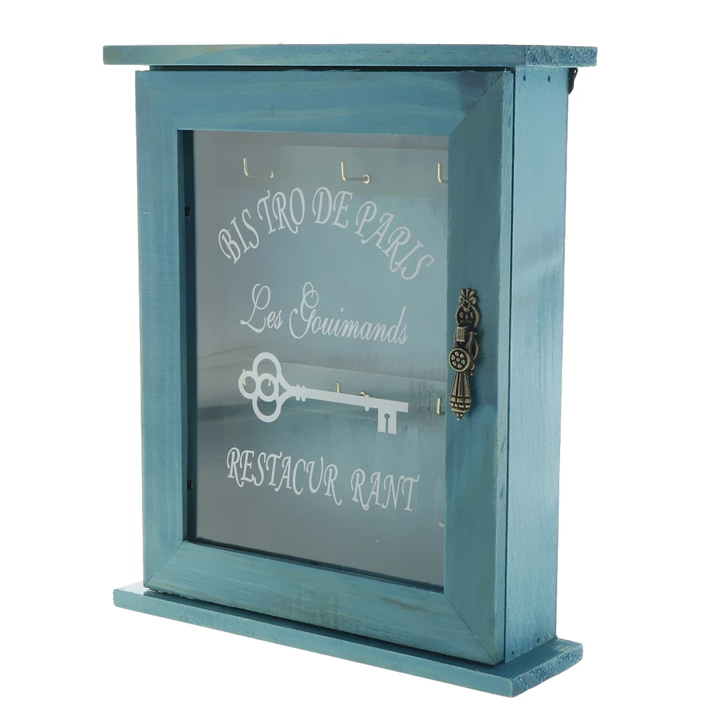 Pastoral Style Key Cabinet Wooden Key Holder Box Wall Mounted Decorative Key Rack with 6 Hooks for Home Office 21x6x25cm.