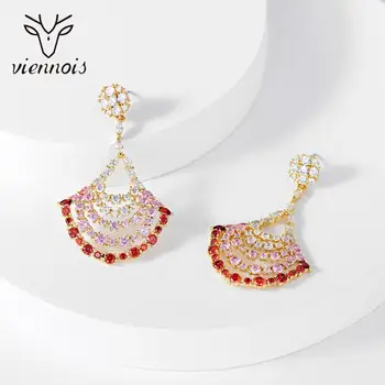 

Viennois Korean Jewelry Zircon Dangle Earrings for Women Geometric Multicolor Zircon Hollow Out Sector Drop Earrings