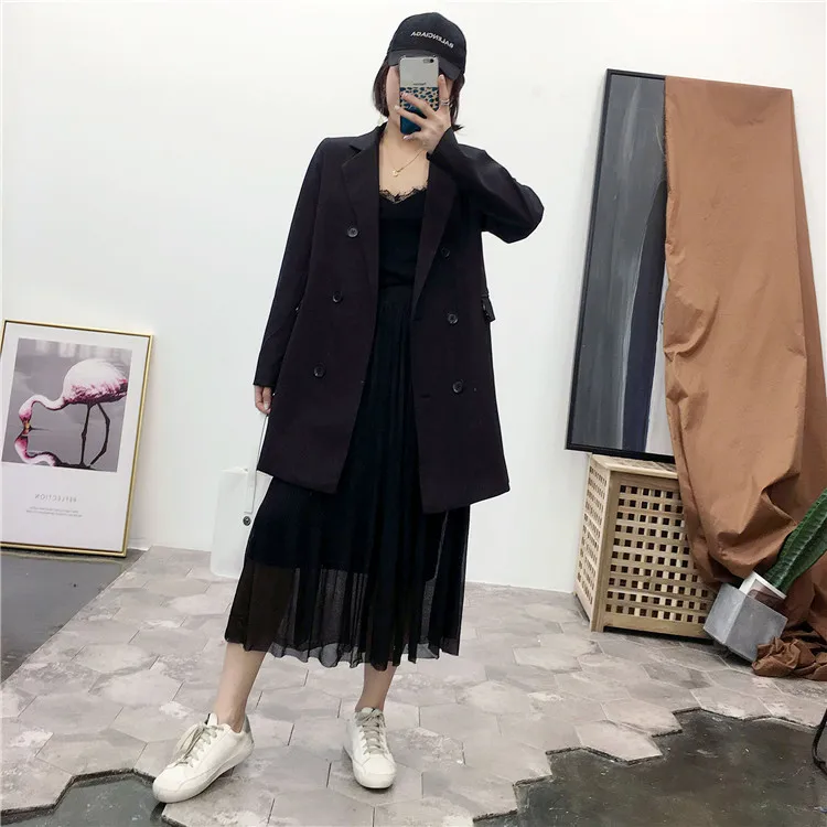 

B- a44 Double Breasted Suit Spring New Style WOMEN'S Dress Korean-style Mid-length Handsome Slim Fit Coat Women's