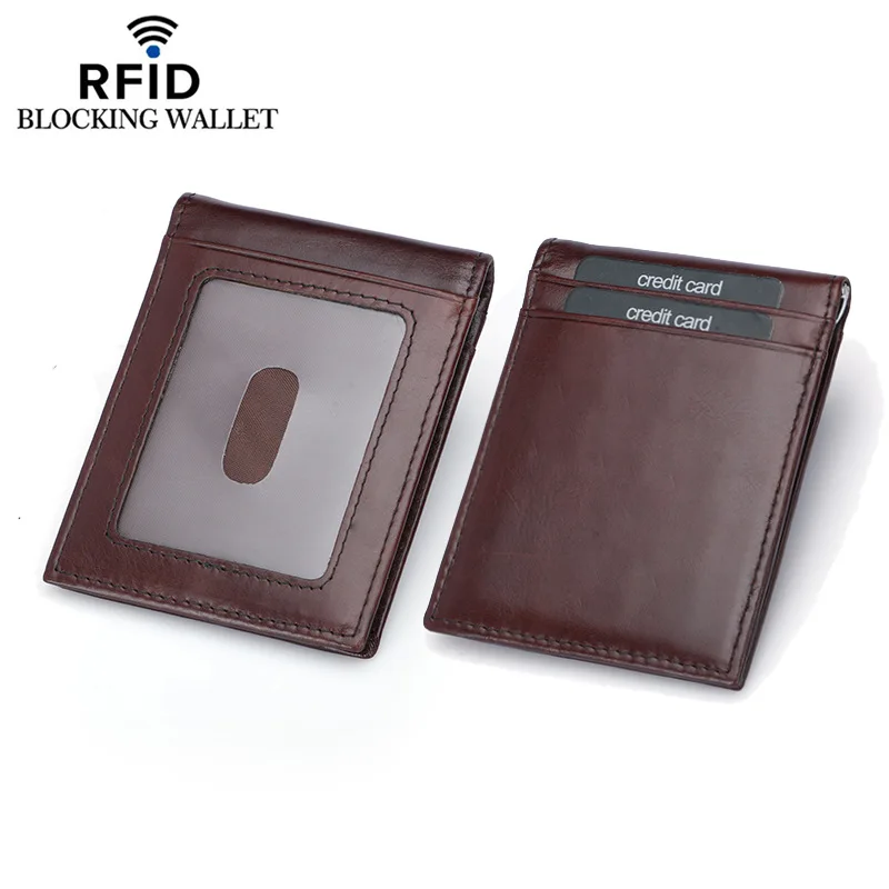 Минималистичный тонкий двойной складной кошелек передний карман зажим для денег для мужчин, эффективный RFID блокирующий умный дизайн Карманный кожаный кошелек