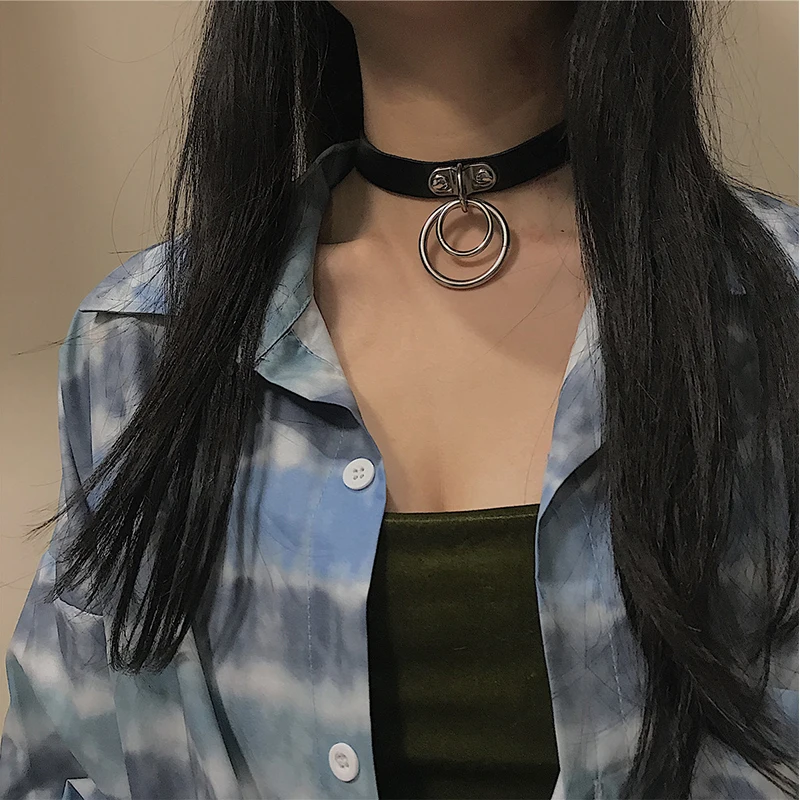 Black Punk PU Cool Adjustable Rock Necklaces Women Metal Double Round Gothic Outdoor Necklace Basic New Fashion Accessories