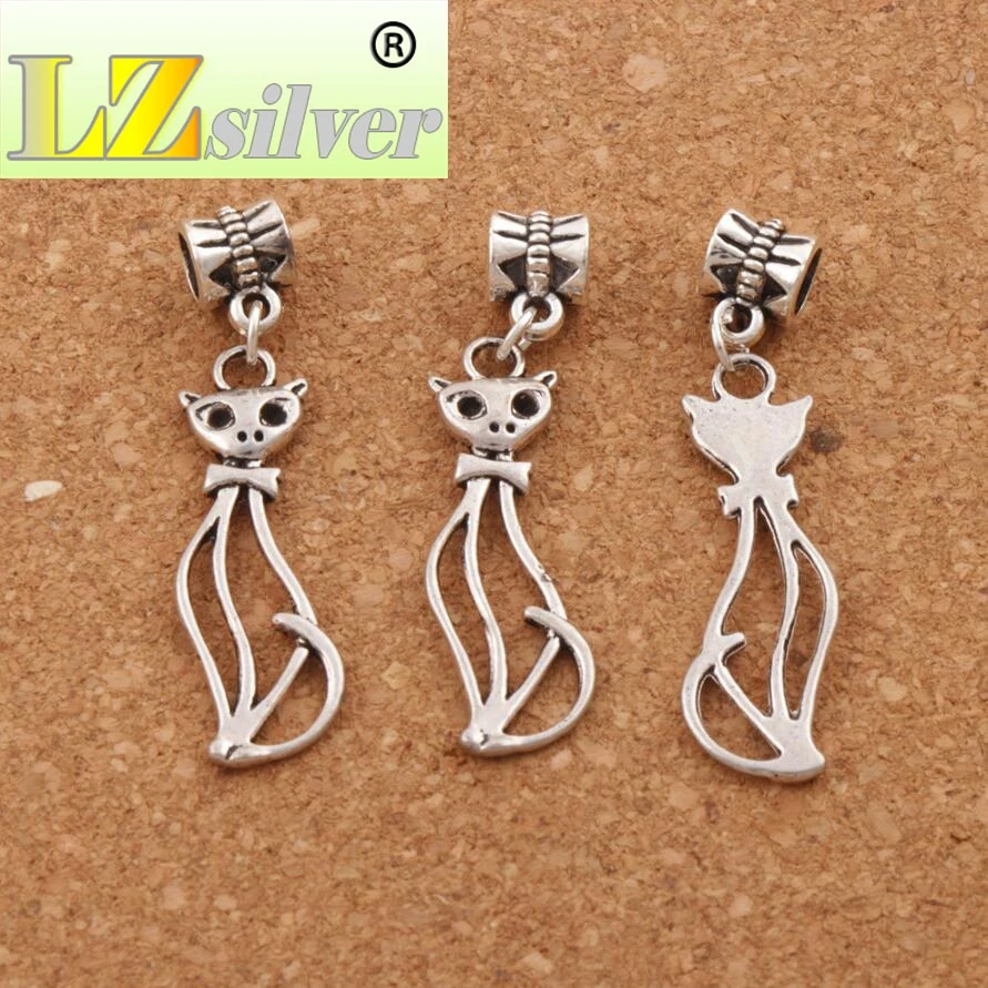 Hollow Slim Lady Cat Charm Beads 11x44mm 100pcs Zinc Alloy Dangle Fit European Bracelets B1162