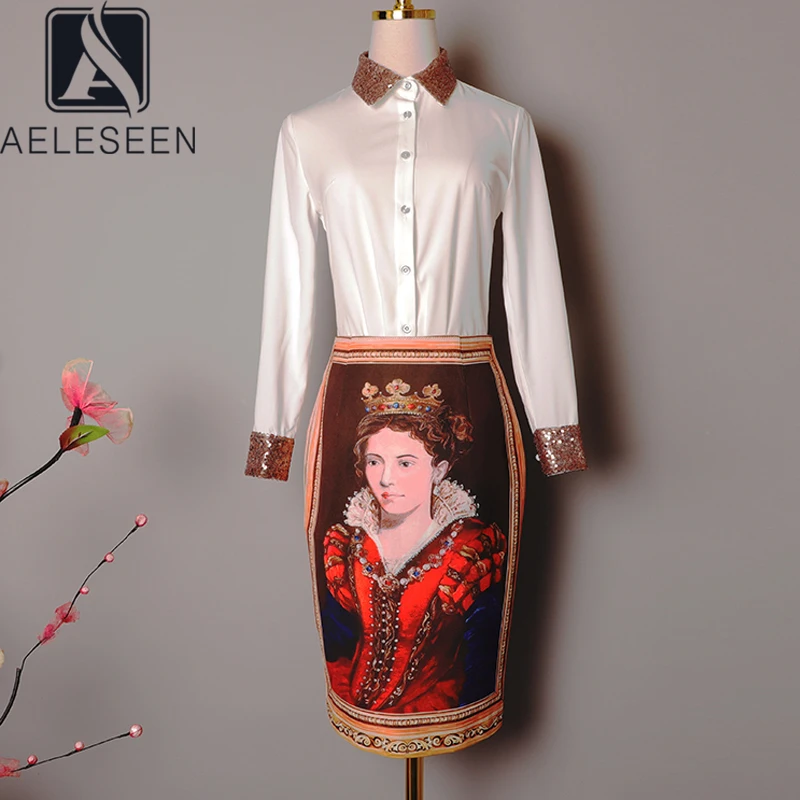 AELESEEN Ruwnay Fashion Nieuwe Herfst Sets vrouwen Lange Mouw Witte Lovertjes Rok + Prinses Afdrukken Slanke Rok Luxe Kantoor sest AELESEEN Ruwnay Fashion Nieuwe Herfst Sets vrouwen Lange Mouw Witte Lovertjes Rok + Prinses Afdrukken Slanke Rok Luxe Kantoor sest