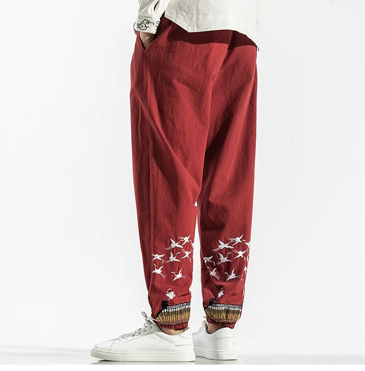 MRDONOO китайский стиль кран ВЫШИВКА ВИНТАЖНЫЕ шаровары спортивный костюм для бега брюки повседневные свободные брюки большого размера для мужчин