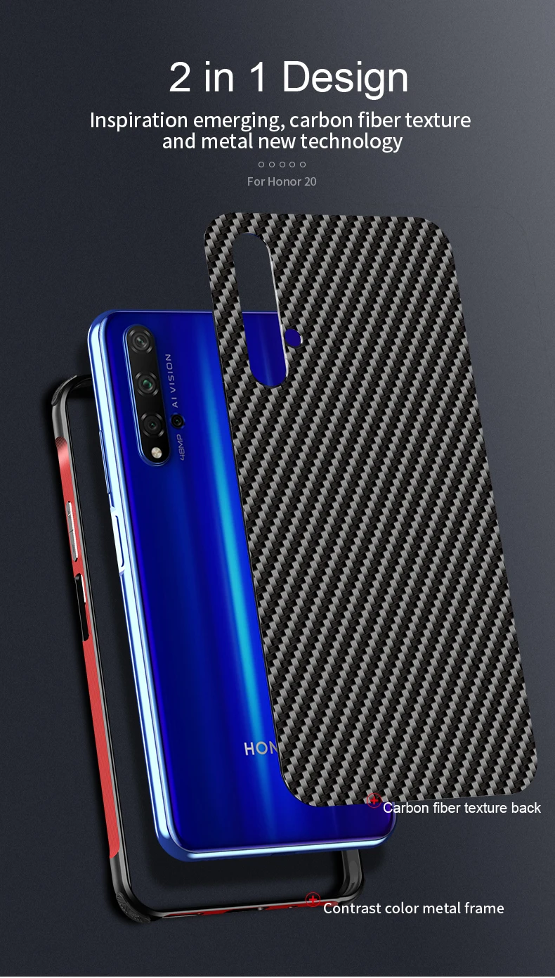 Роскошный Гибридный чехол для huawei Honor 20/20 Pro, Жесткий Чехол из углеродного волокна, металлический бампер+ PC защитный чехол на заднюю панель