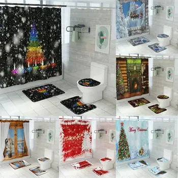 

4pcs/set Christmas Bath Curtain Printed Happy New Year Shower Xmas Waterproof Curtain Bath Claus Curtain Christmas Set Sant U2S7