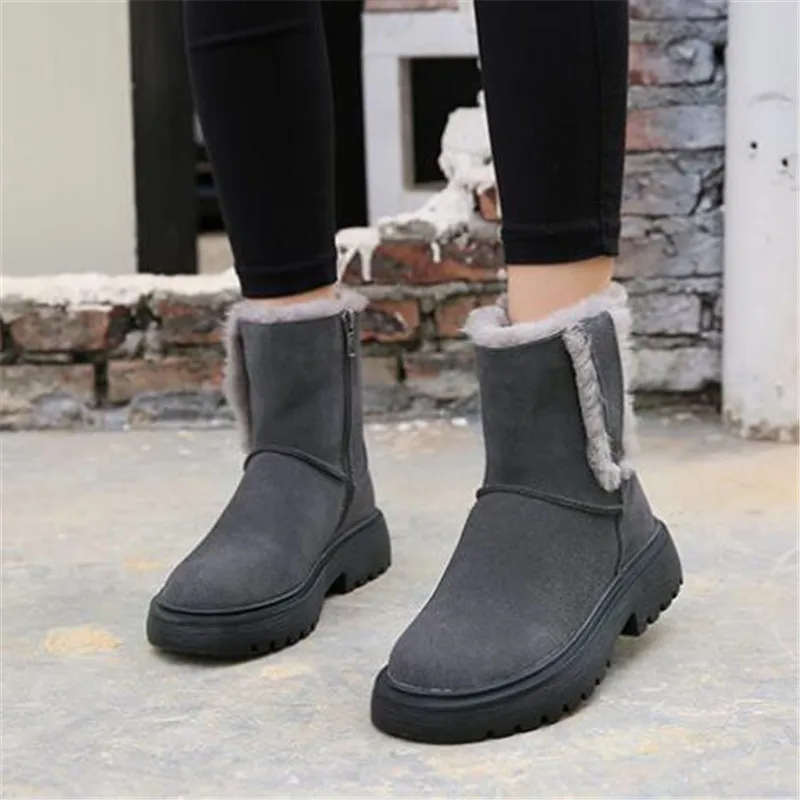 New Matte Cowhide Thick Wool Boots Women Warm Shoes Snow Boots Non-slip Gray Black Shoes Leather Boots Winter Shoes Woman Boots