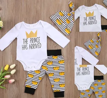 

Newborn Toddler Baby Boys Clothes Crown Prince Romper Bodysuit + Pants Hats Outfits Set Infant Boy Clothing Set