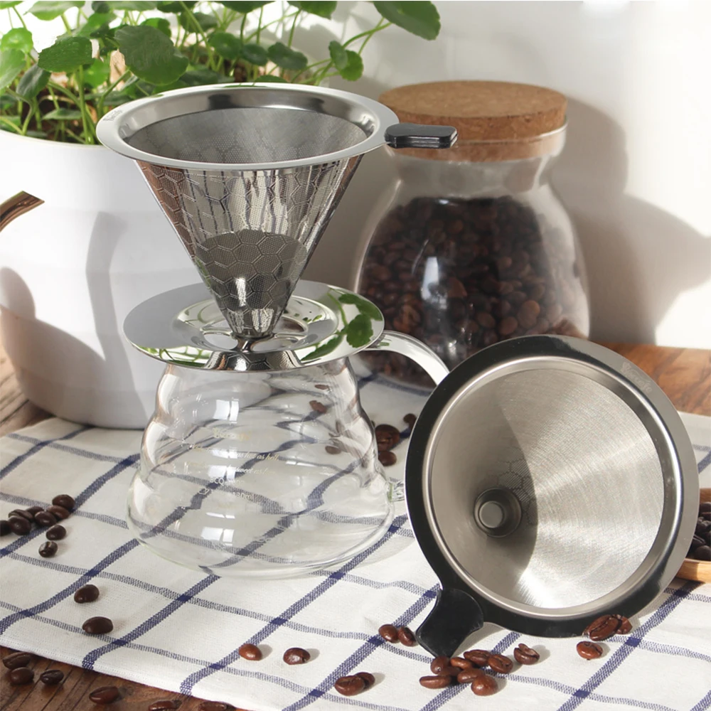 Stainless Steel Reusable Coffee Filter Pour Over Dripper Non-slip Strainer Funnel Shaped Durable Easy to Cleaning for home us