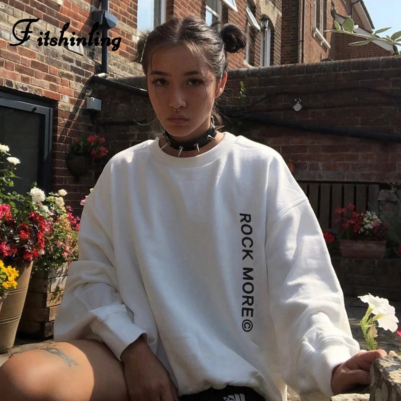 

Fitshinling BF Style Casual White Sweatshirt Female Letter Print Loose Long Sleeve Moletom 2020 Spring New Sweatshirts Women Hot