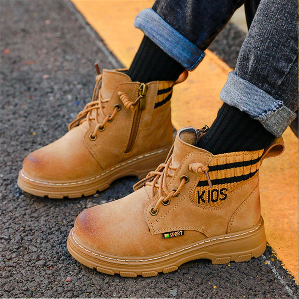 Children's Snow Boots Winter new Boys Short Boots British Wind Plus Velvet Boy Genuine Leather 2-14 Years Kids Cotton Boots