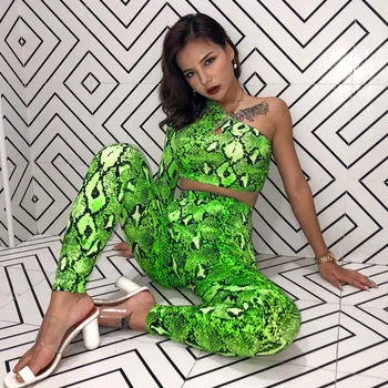 

snakeskin print one-shoulder sexy crop top leggings 2 pieces set autumn winter women sporty streetwear tracksuit