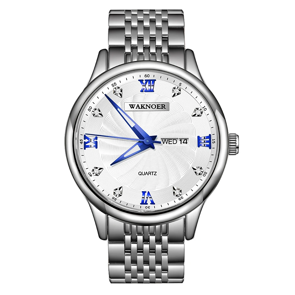WAKNOER кварцевые часы мужские модные водонепроницаемые бриллиантовые золотые спиральные светящиеся часы с автоматическим отображением даты и недели лучший бренд класса люкс Reloj - Цвет: silver blue