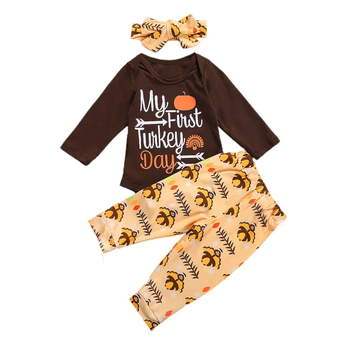 

Infant Girls 3 Pcs Outfits Suits Long Sleeve Cartoon Printed Romper Top + Long Pant + Bow Headband Newborn Thanksgiving Clothes