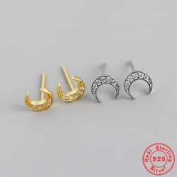 925 Sterling Silver Mini Cute Moon Stud Earrings Minimalist INS Crystal Zircon Gold Silver Color Studs Fashion  Jewelry Gift