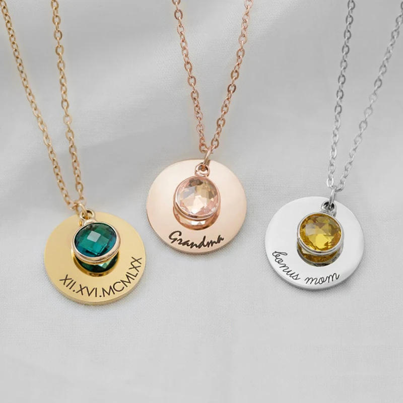Customized Personalized Engraved Baby Name Pendant Necklace Birthstone Gemstone Mom Mother\'s Day Gift Ideas for Grandma Gift