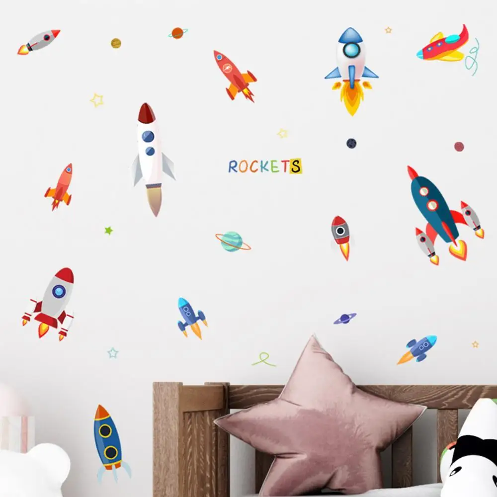 Rocket Ship Astronaut Creative Vinyl Wall Sticker For Boy Room Decoration Outer Space Decal Nursery Kids Bedroom Decor | Дом и сад